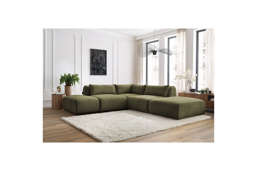 Jeanne - Canapé D'Angle Fixe Modulable - Tissu Texturé Avec 2 Chauffeuses, 1 Angle Et 2 Poufs