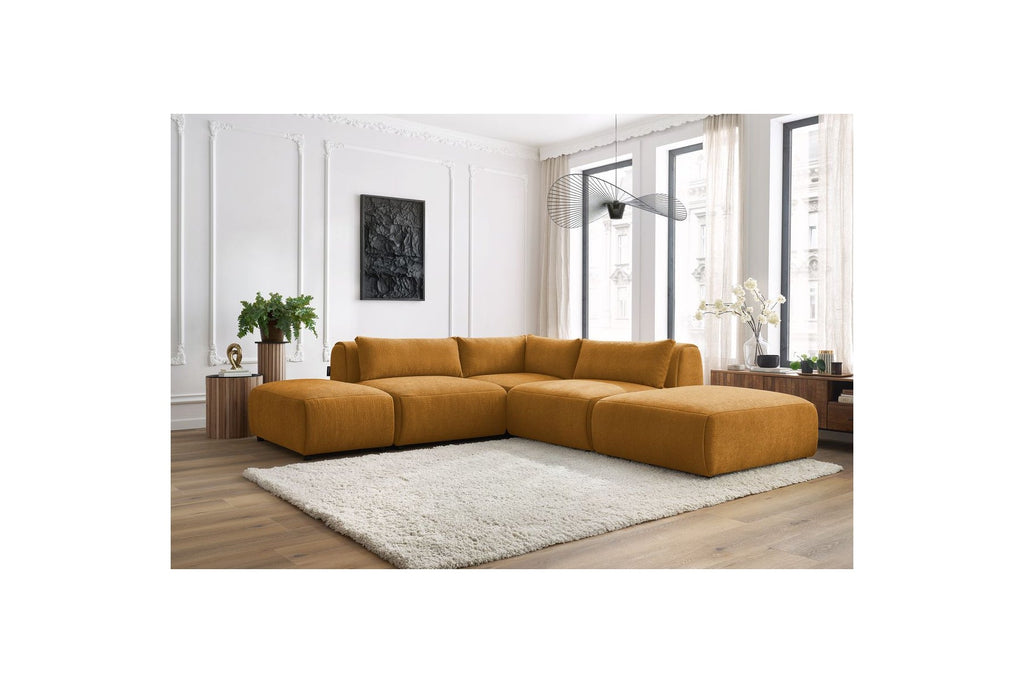 Jeanne - Canapé D'Angle Fixe Modulable - Tissu Texturé Avec 2 Chauffeuses, 1 Angle Et 2 Poufs