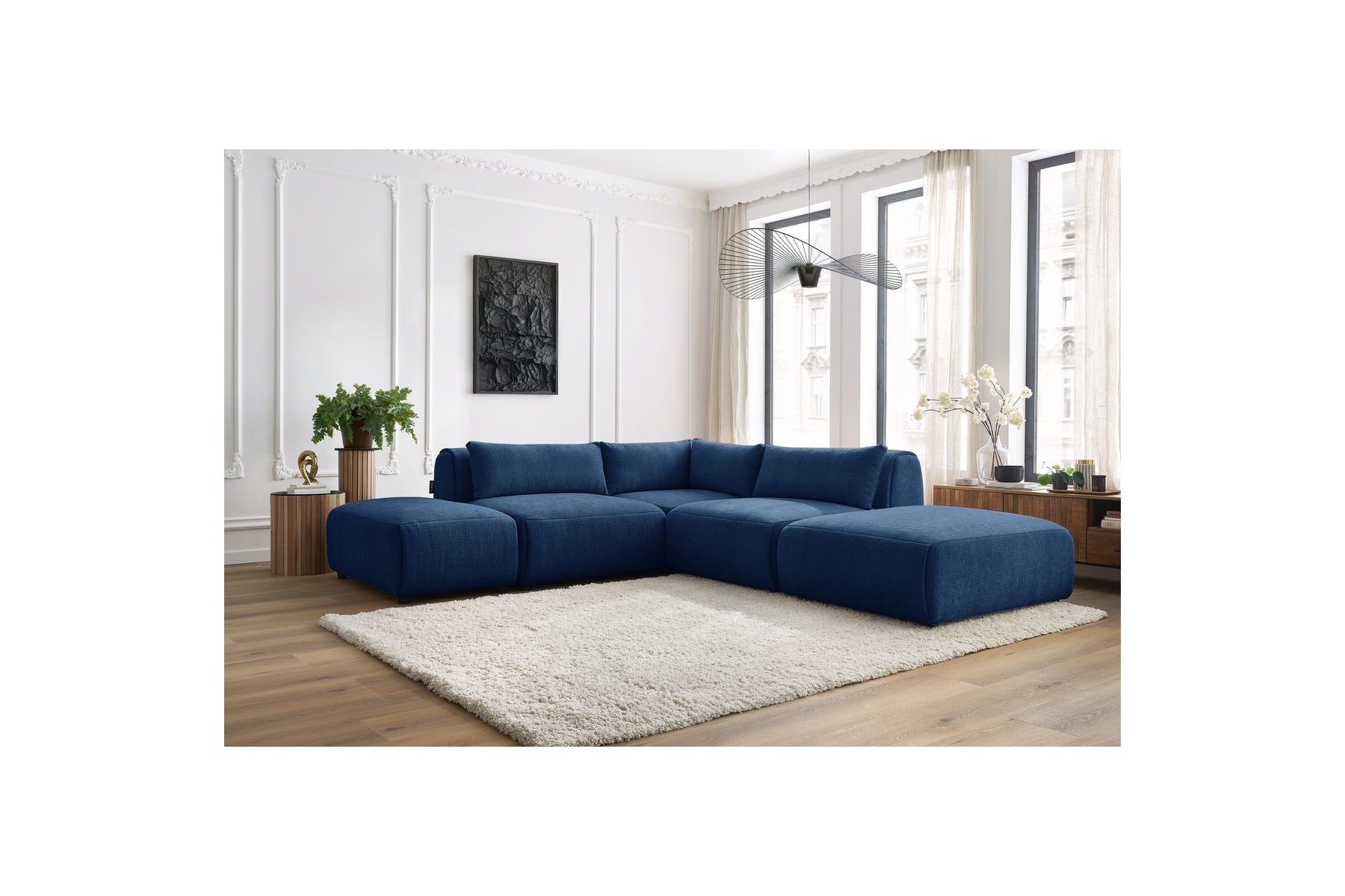 Jeanne - Canapé D'Angle Fixe Modulable - Tissu Texturé Avec 2 Chauffeuses, 1 Angle Et 2 Poufs