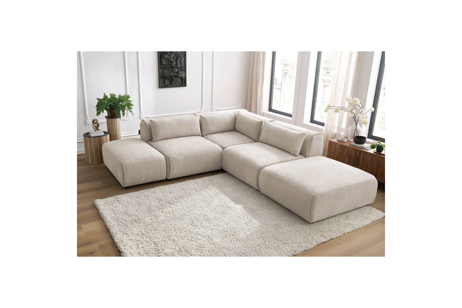 Jeanne - Canapé D'Angle Fixe Modulable - Tissu Texturé Avec 2 Chauffeuses, 1 Angle Et 2 Poufs