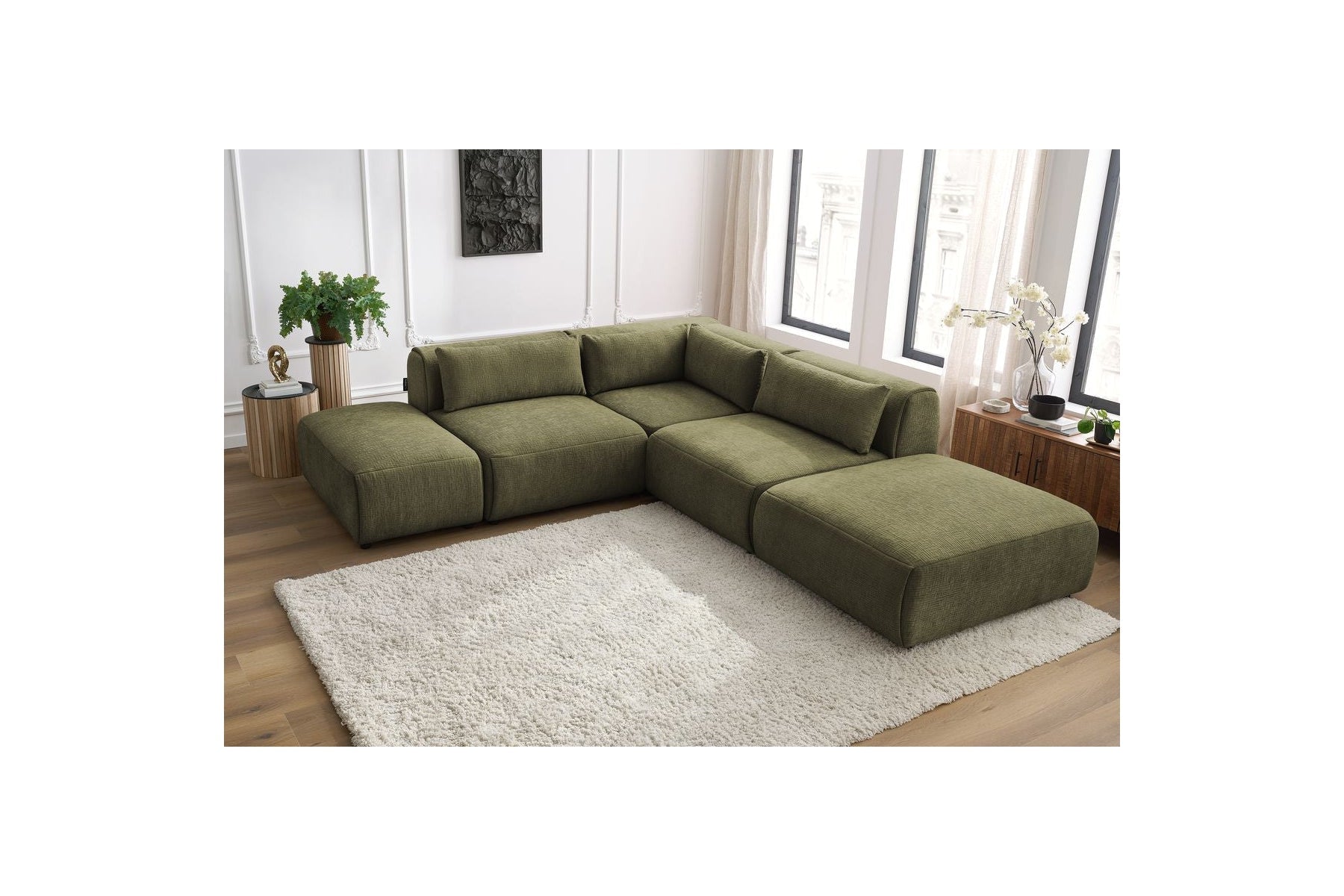 Jeanne - Canapé D'Angle Fixe Modulable - Tissu Texturé Avec 2 Chauffeuses, 1 Angle Et 2 Poufs