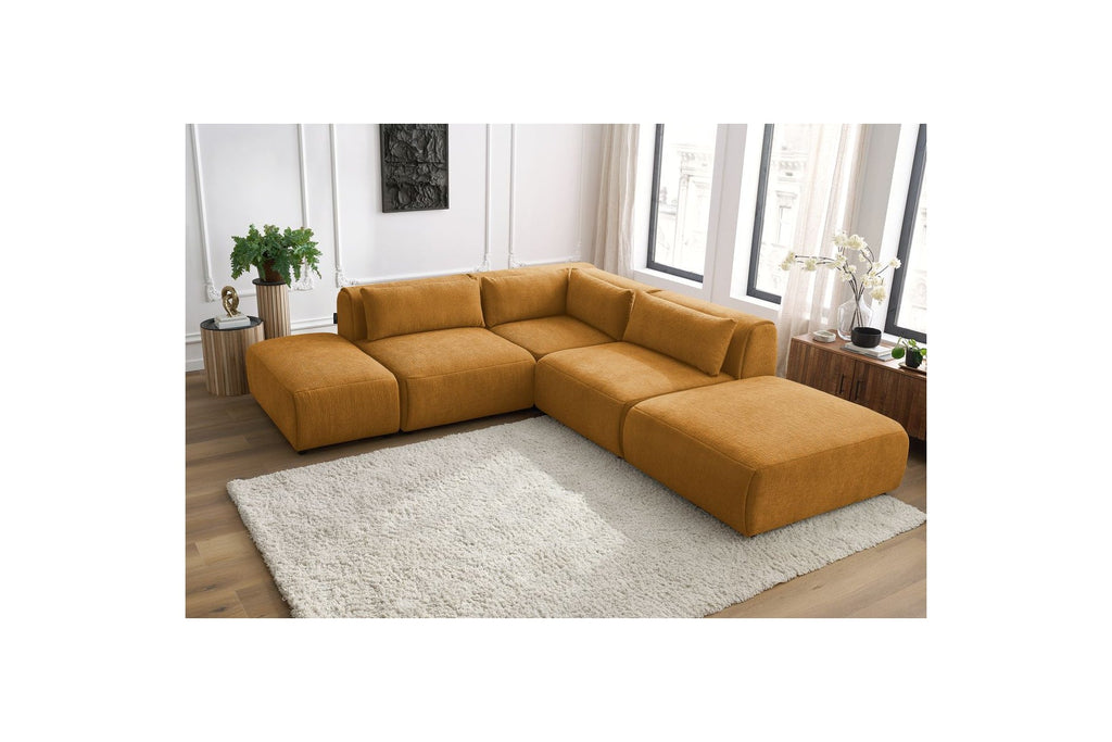 Jeanne - Canapé D'Angle Fixe Modulable - Tissu Texturé Avec 2 Chauffeuses, 1 Angle Et 2 Poufs