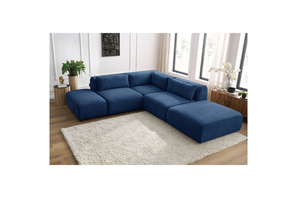 Jeanne - Canapé D'Angle Fixe Modulable - Tissu Texturé Avec 2 Chauffeuses, 1 Angle Et 2 Poufs