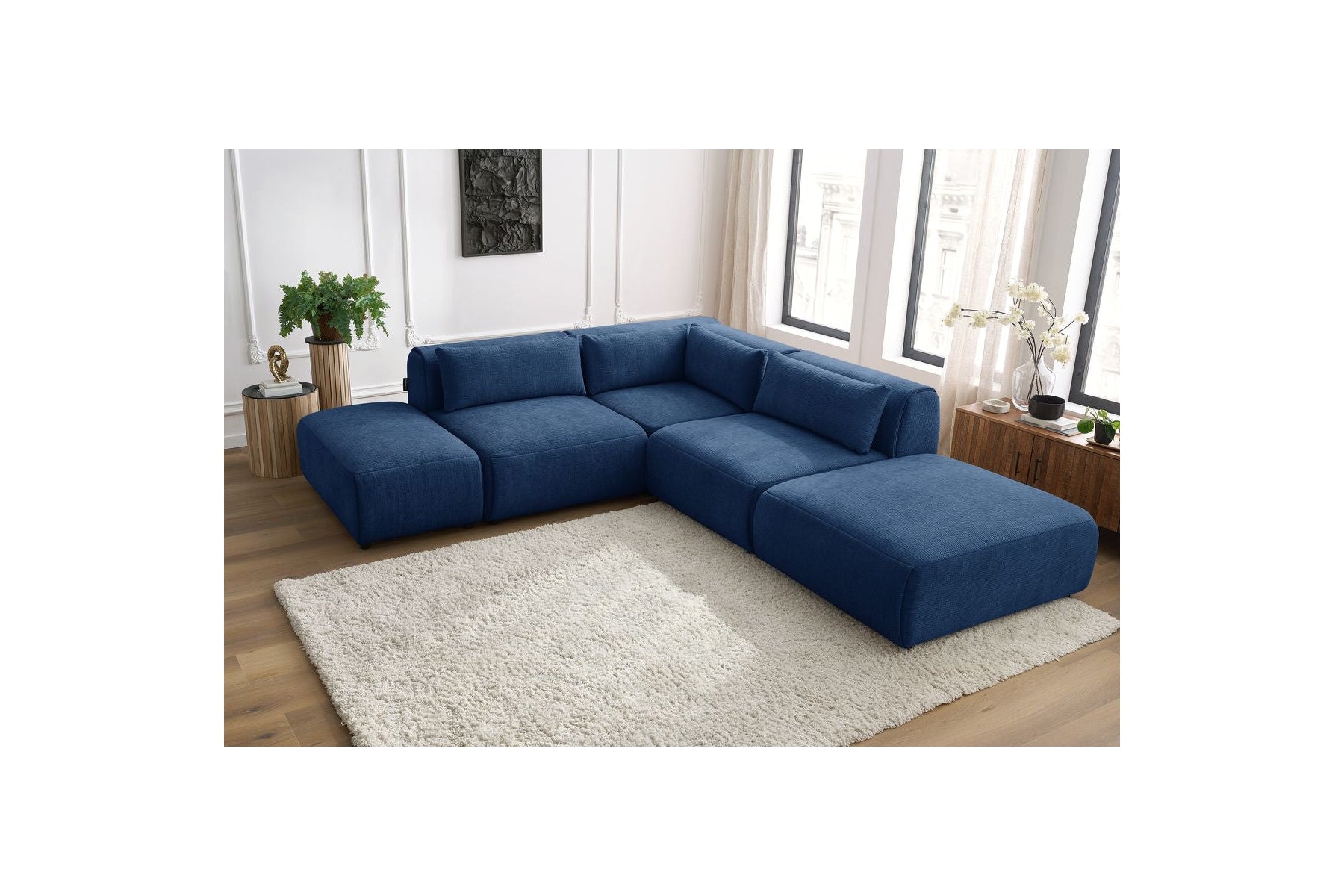 Jeanne - Canapé D'Angle Fixe Modulable - Tissu Texturé Avec 2 Chauffeuses, 1 Angle Et 2 Poufs