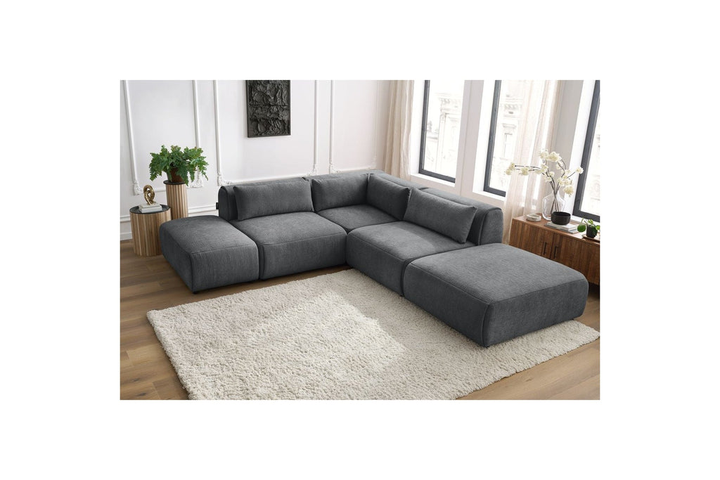 Jeanne - Canapé D'Angle Fixe Modulable - Tissu Texturé Avec 2 Chauffeuses, 1 Angle Et 2 Poufs