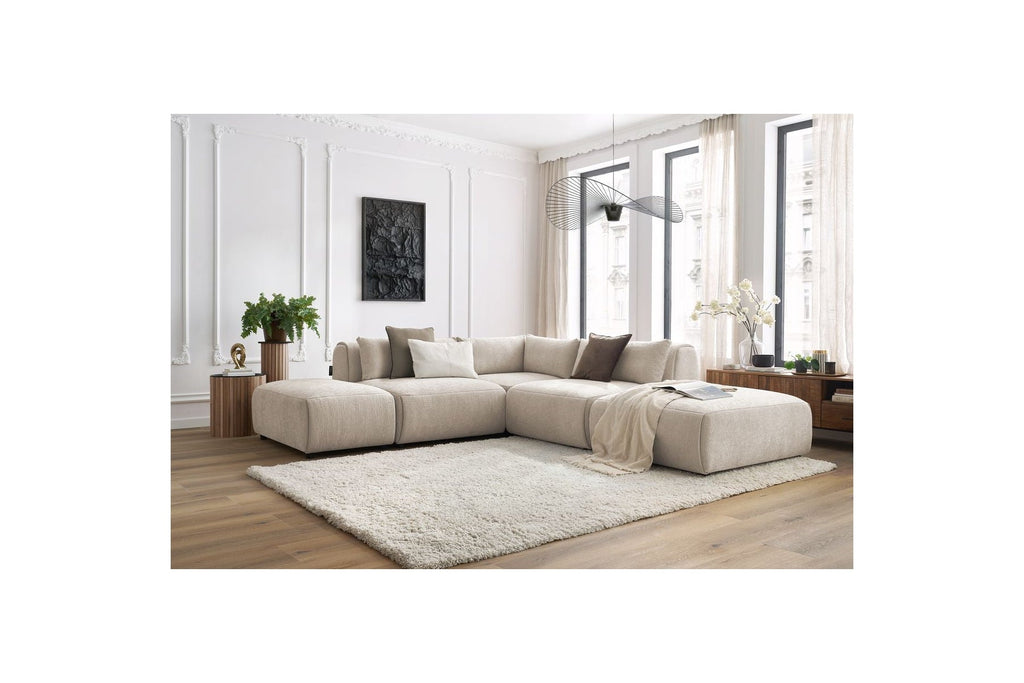 Jeanne - Canapé D'Angle Fixe Modulable - Tissu Texturé Avec 2 Chauffeuses, 1 Angle Et 2 Poufs