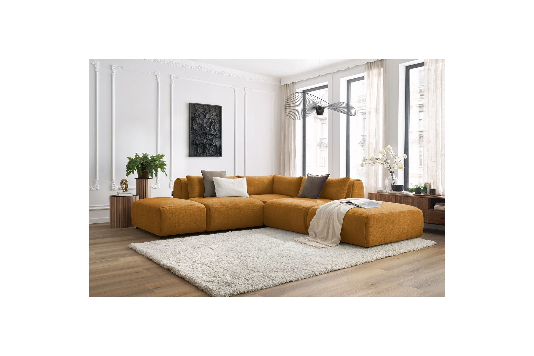 Jeanne - Canapé D'Angle Fixe Modulable - Tissu Texturé Avec 2 Chauffeuses, 1 Angle Et 2 Poufs