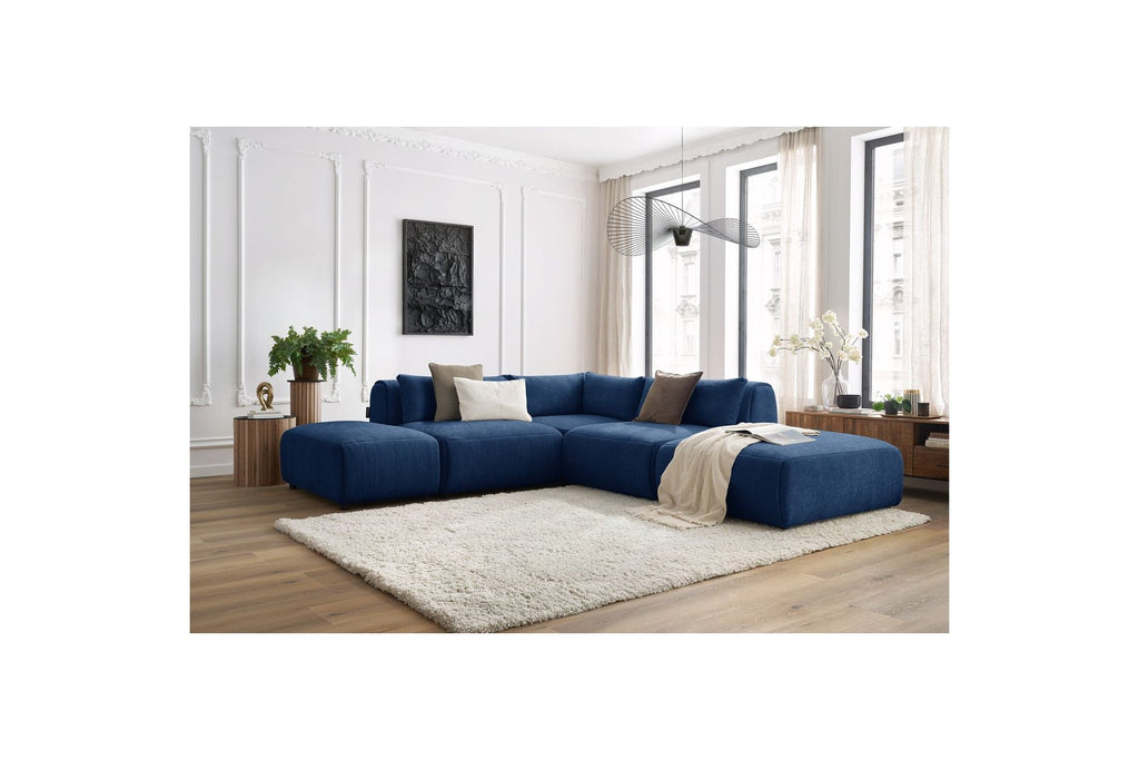 Jeanne - Canapé D'Angle Fixe Modulable - Tissu Texturé Avec 2 Chauffeuses, 1 Angle Et 2 Poufs