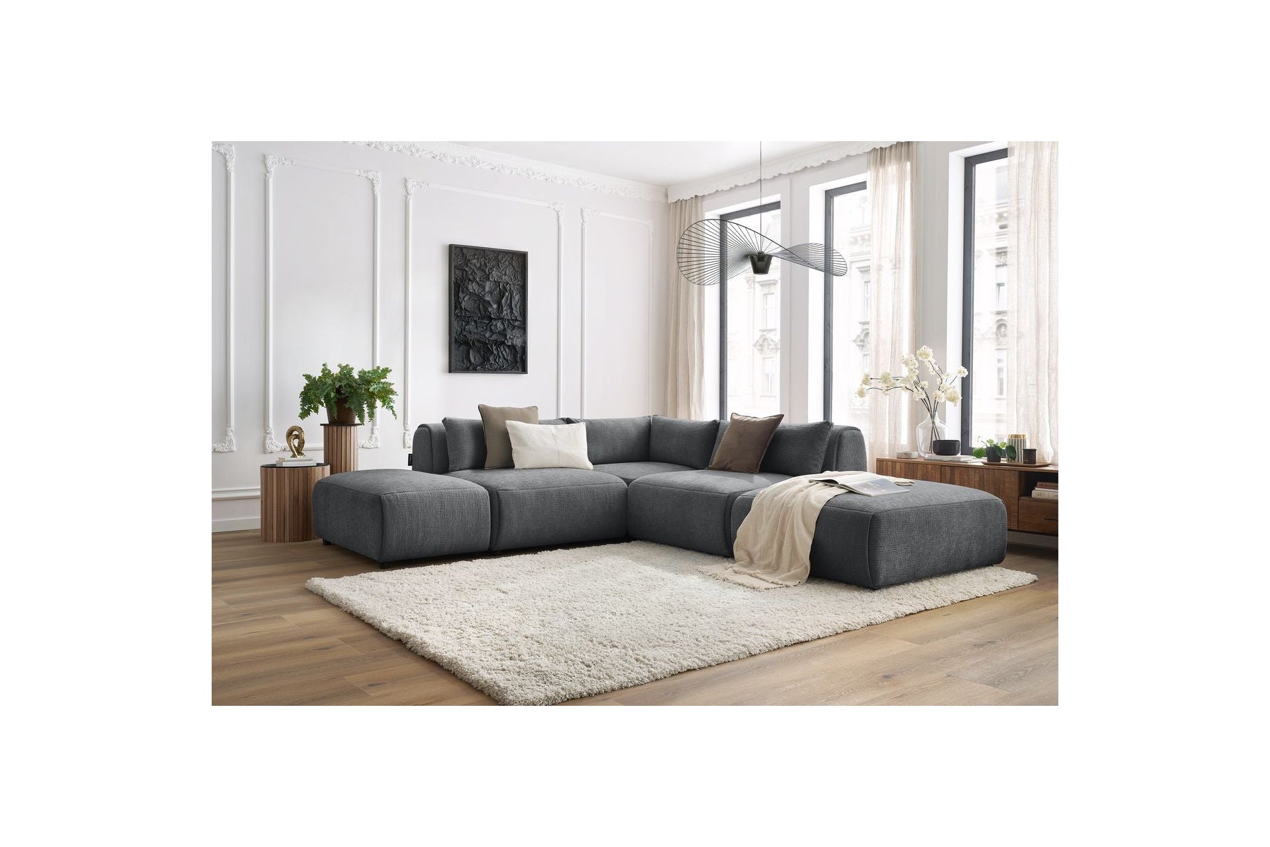 Jeanne - Canapé D'Angle Fixe Modulable - Tissu Texturé Avec 2 Chauffeuses, 1 Angle Et 2 Poufs
