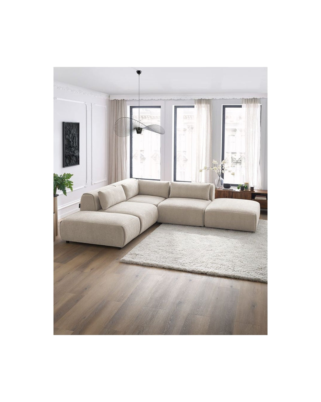 Jeanne - Canapé D'Angle Fixe Modulable - Tissu Texturé Avec 2 Chauffeuses, 1 Angle Et 2 Poufs
