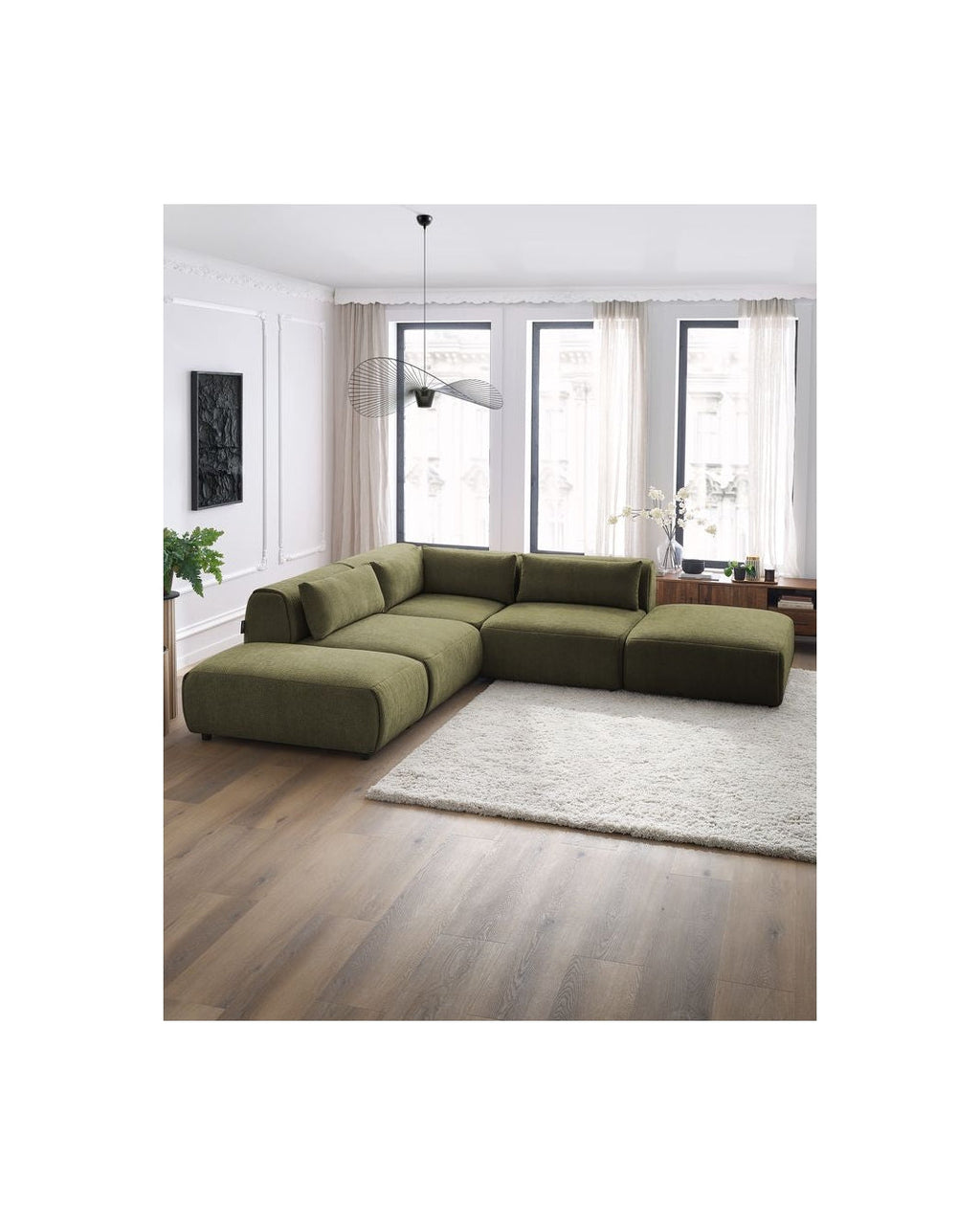 Jeanne - Canapé D'Angle Fixe Modulable - Tissu Texturé Avec 2 Chauffeuses, 1 Angle Et 2 Poufs