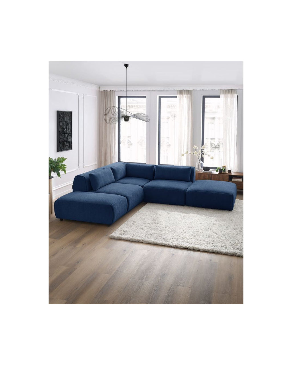 Jeanne - Canapé D'Angle Fixe Modulable - Tissu Texturé Avec 2 Chauffeuses, 1 Angle Et 2 Poufs