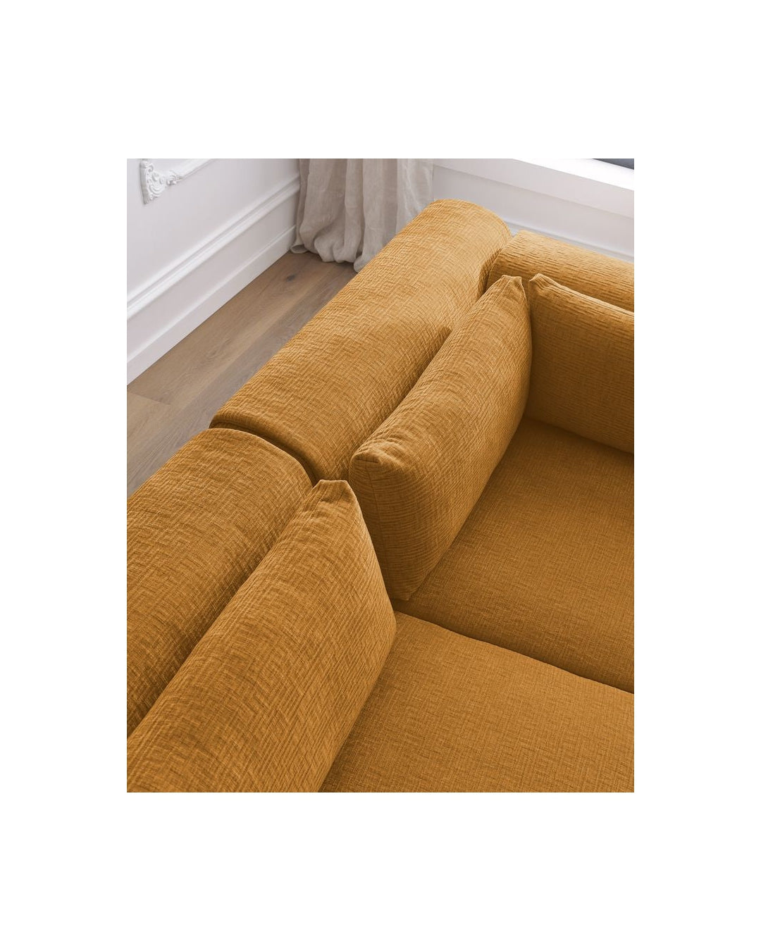 Jeanne - Canapé D'Angle Fixe Modulable - Tissu Texturé Avec 2 Chauffeuses, 1 Angle Et 2 Poufs