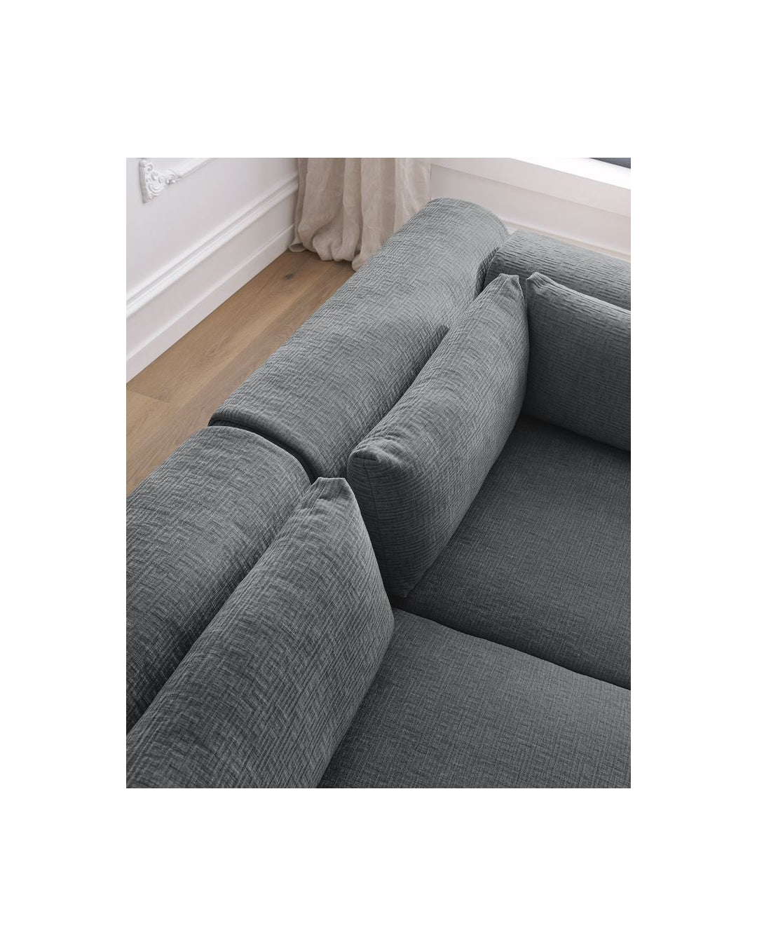 Jeanne - Canapé D'Angle Fixe Modulable - Tissu Texturé Avec 2 Chauffeuses, 1 Angle Et 2 Poufs
