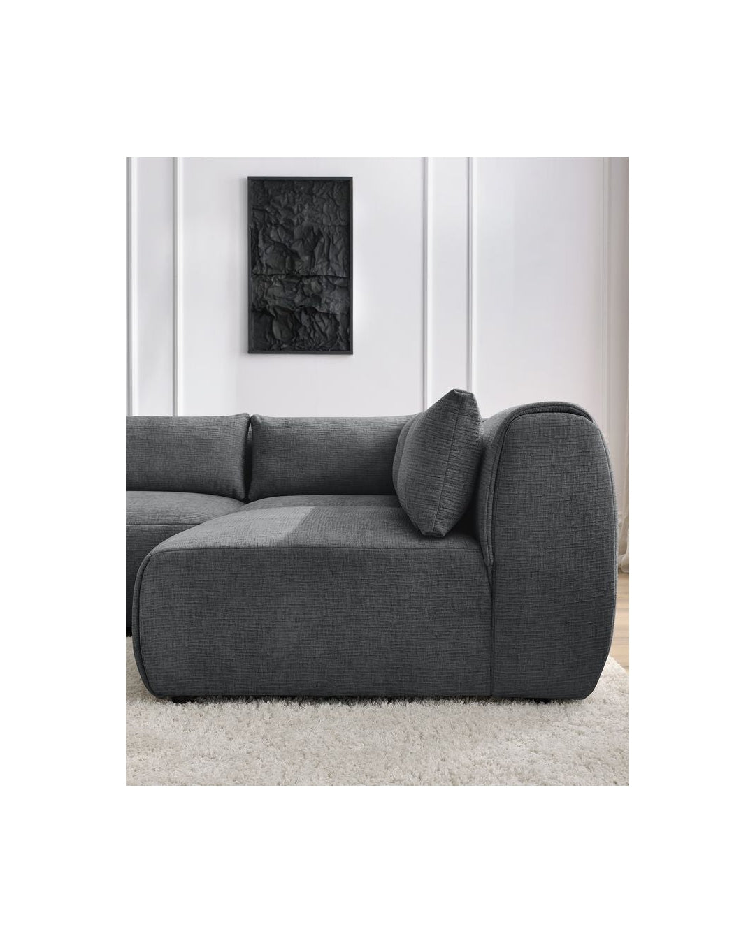 Jeanne - Canapé D'Angle Fixe Modulable - Tissu Texturé Avec 2 Chauffeuses, 1 Angle Et 2 Poufs