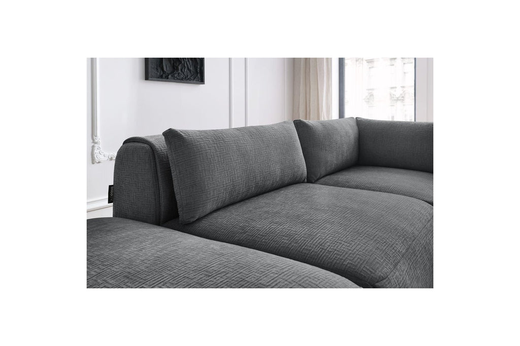 Jeanne - Canapé D'Angle Fixe Modulable - Tissu Texturé Avec 2 Chauffeuses, 1 Angle Et 2 Poufs
