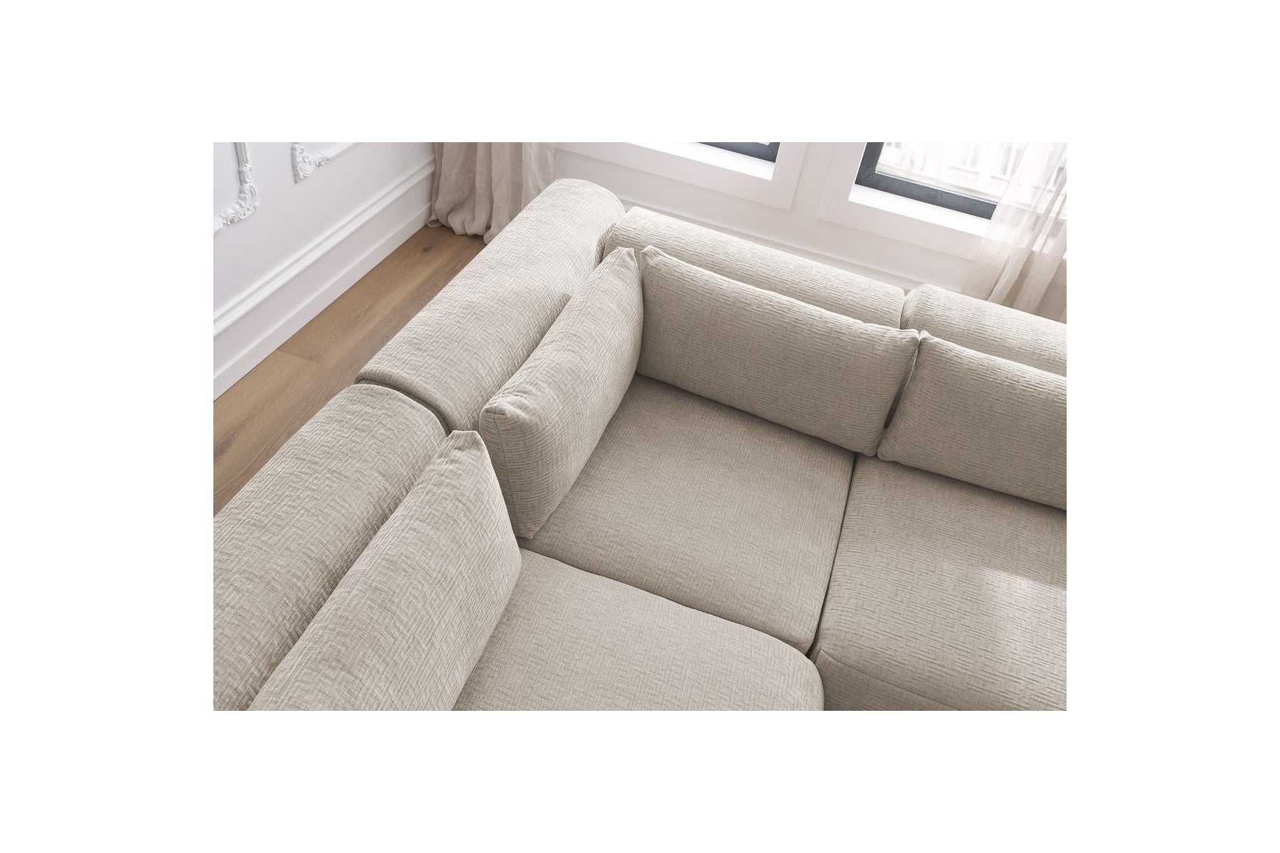 Jeanne - Canapé D'Angle Fixe Modulable - Tissu Texturé Avec 2 Chauffeuses, 1 Angle Et 2 Poufs