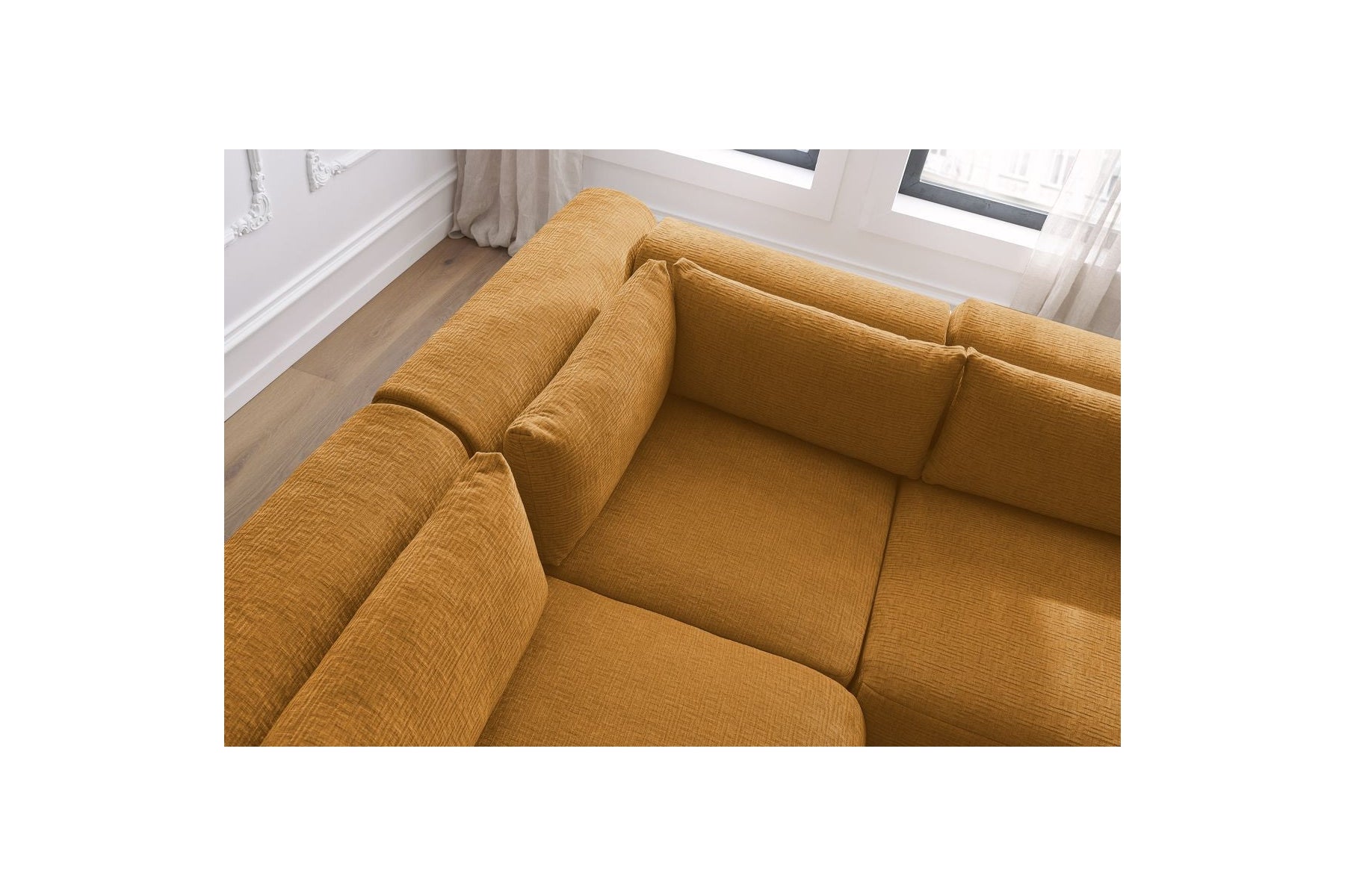Jeanne - Canapé D'Angle Fixe Modulable - Tissu Texturé Avec 2 Chauffeuses, 1 Angle Et 2 Poufs