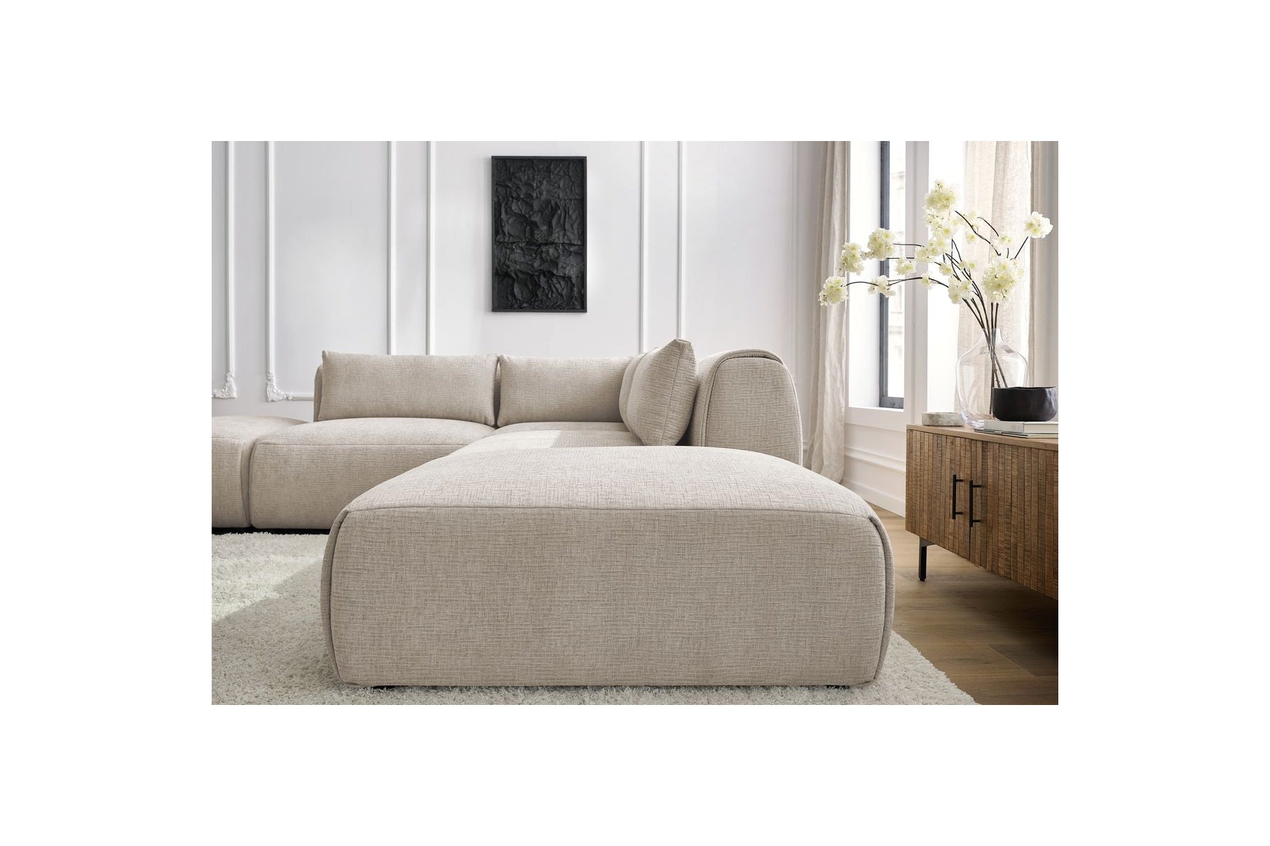 Jeanne - Canapé D'Angle Fixe Modulable - Tissu Texturé Avec 2 Chauffeuses, 1 Angle Et 2 Poufs
