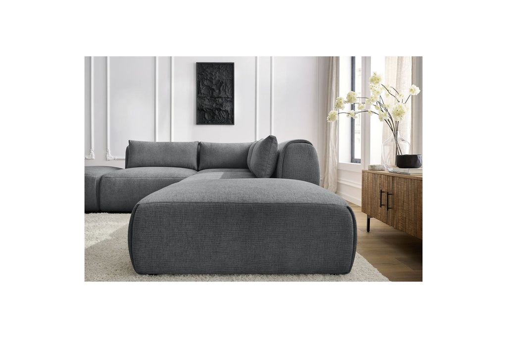 Jeanne - Canapé D'Angle Fixe Modulable - Tissu Texturé Avec 2 Chauffeuses, 1 Angle Et 2 Poufs