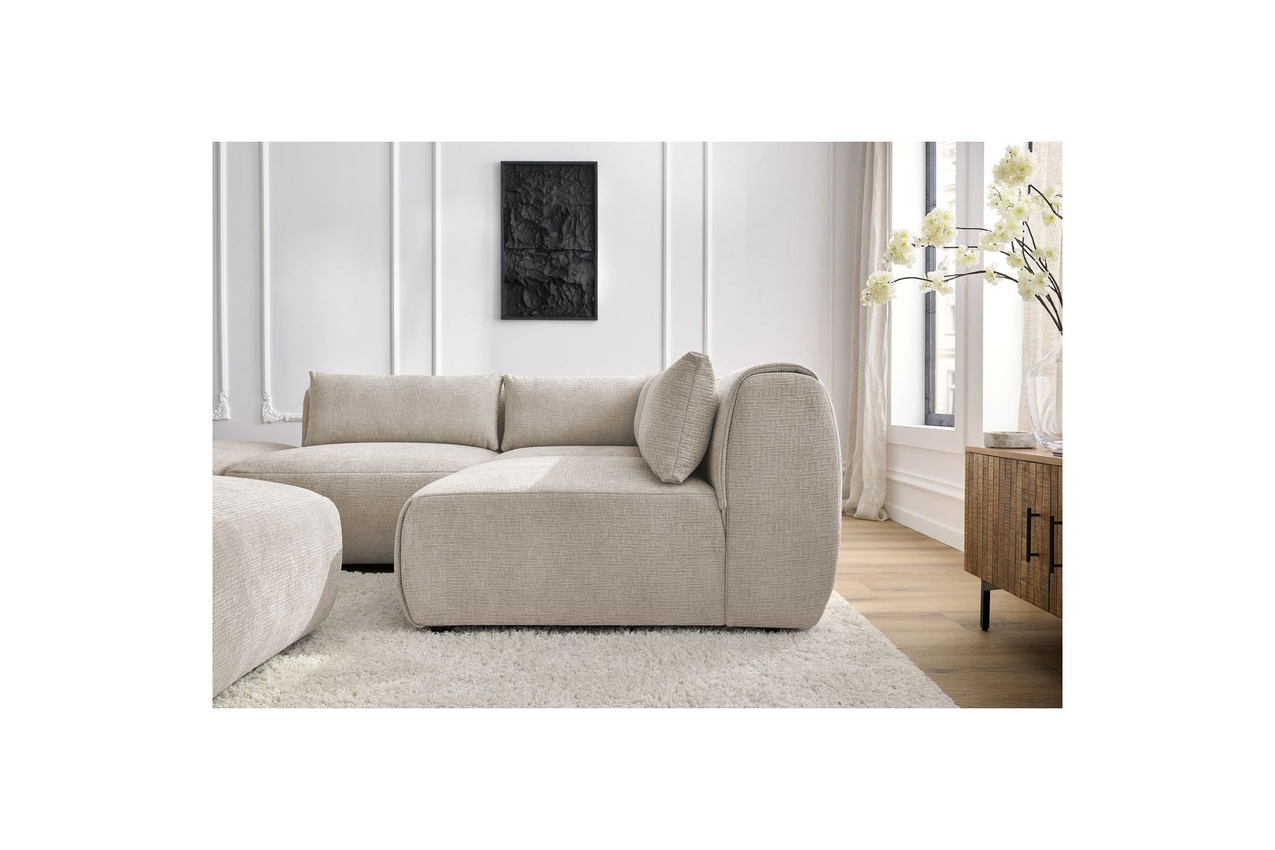 Jeanne - Canapé D'Angle Fixe Modulable - Tissu Texturé Avec 2 Chauffeuses, 1 Angle Et 2 Poufs