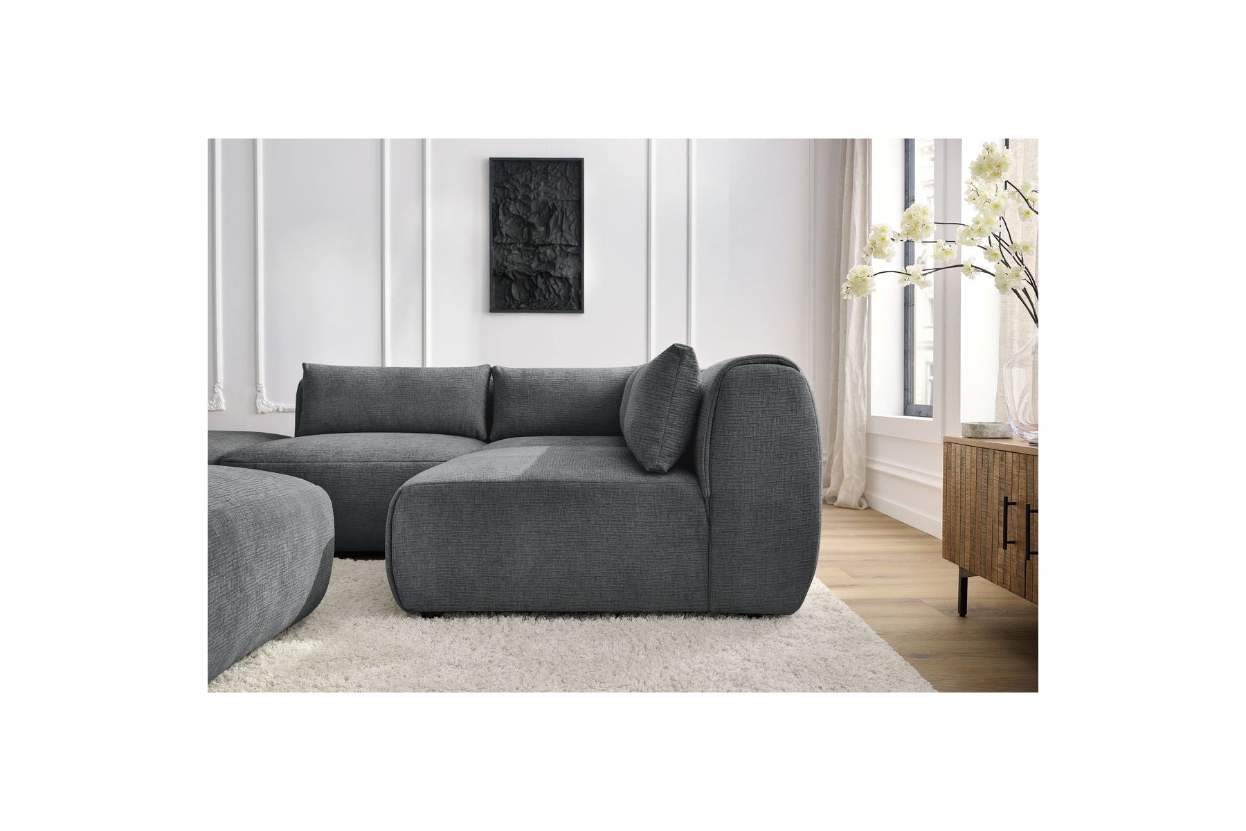 Jeanne - Canapé D'Angle Fixe Modulable - Tissu Texturé Avec 2 Chauffeuses, 1 Angle Et 2 Poufs