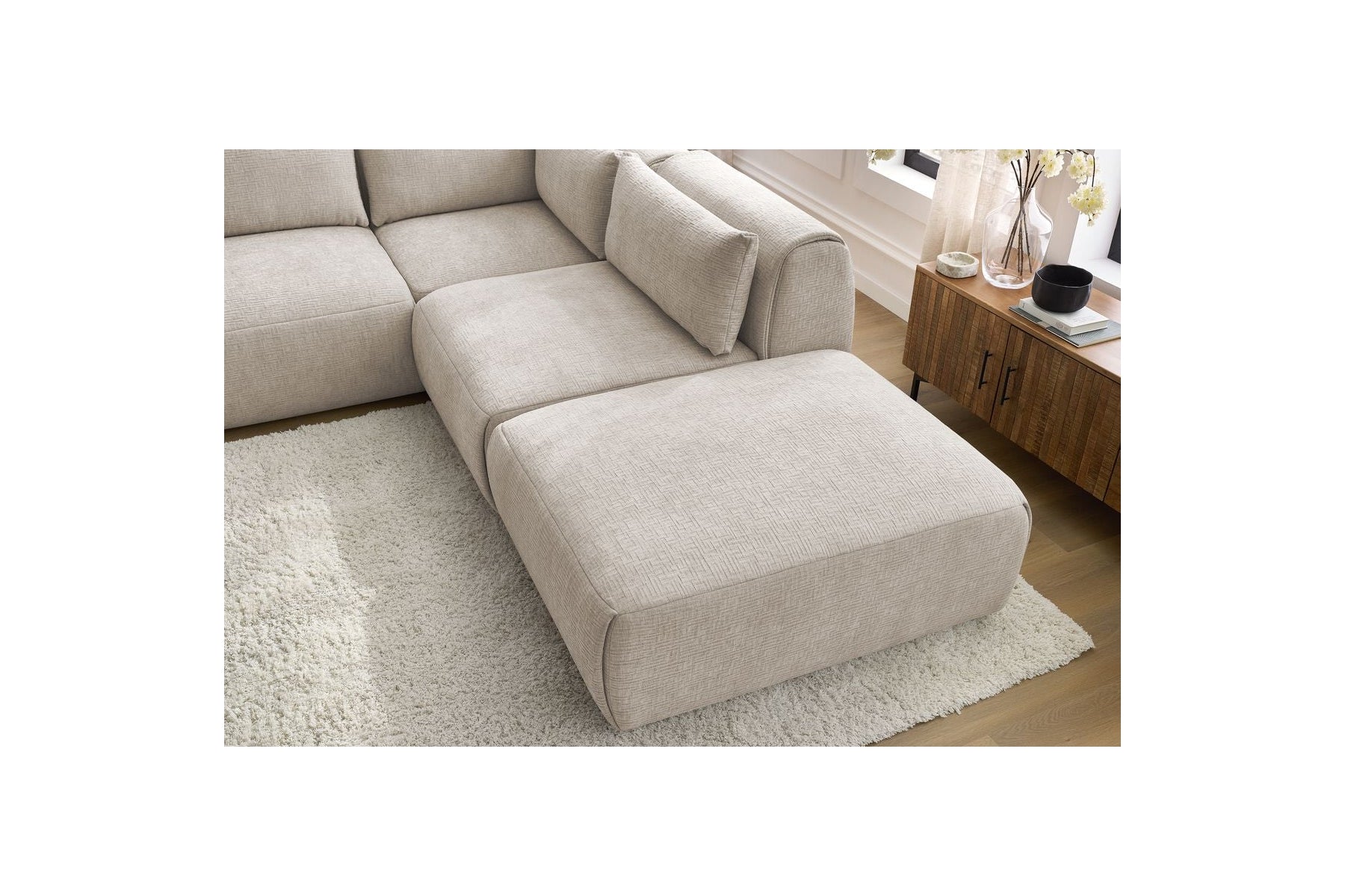 Jeanne - Canapé D'Angle Fixe Modulable - Tissu Texturé Avec 2 Chauffeuses, 1 Angle Et 2 Poufs