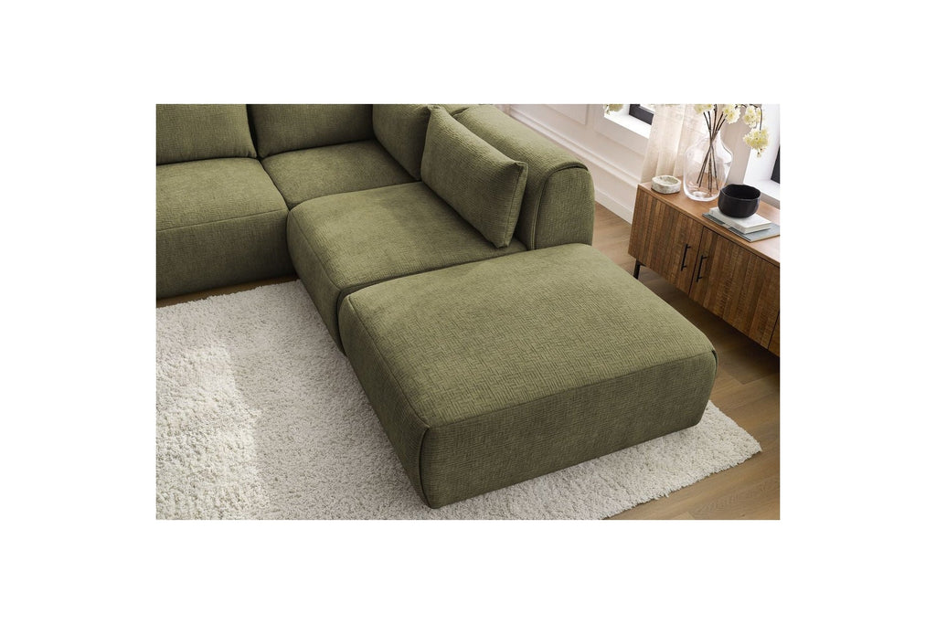 Jeanne - Canapé D'Angle Fixe Modulable - Tissu Texturé Avec 2 Chauffeuses, 1 Angle Et 2 Poufs