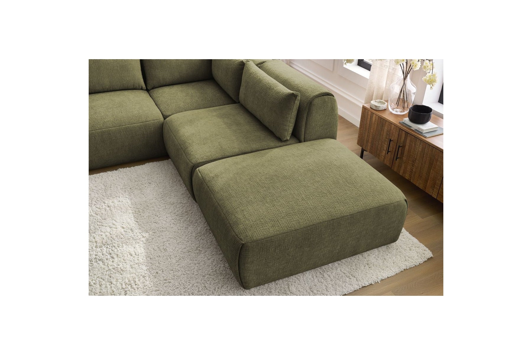 Jeanne - Canapé D'Angle Fixe Modulable - Tissu Texturé Avec 2 Chauffeuses, 1 Angle Et 2 Poufs