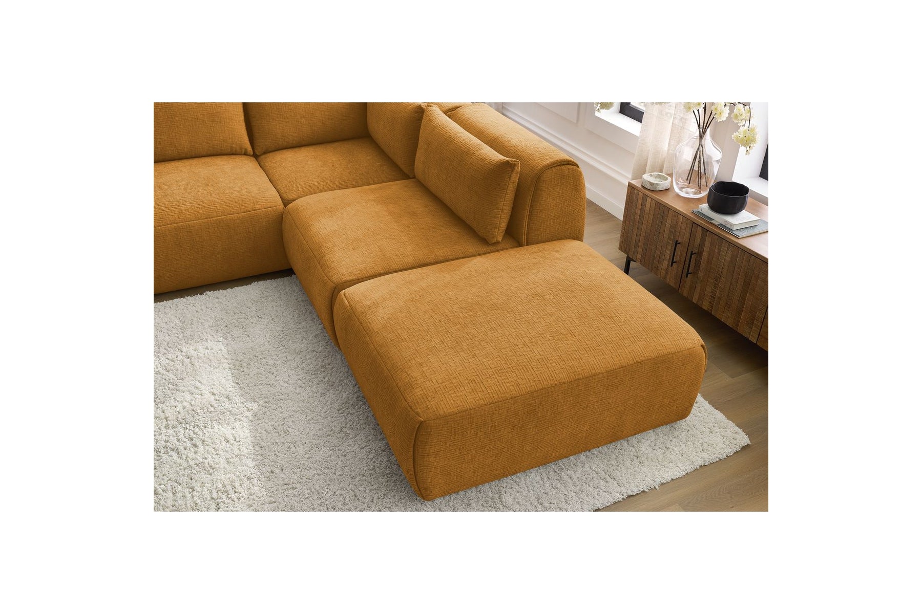 Jeanne - Canapé D'Angle Fixe Modulable - Tissu Texturé Avec 2 Chauffeuses, 1 Angle Et 2 Poufs