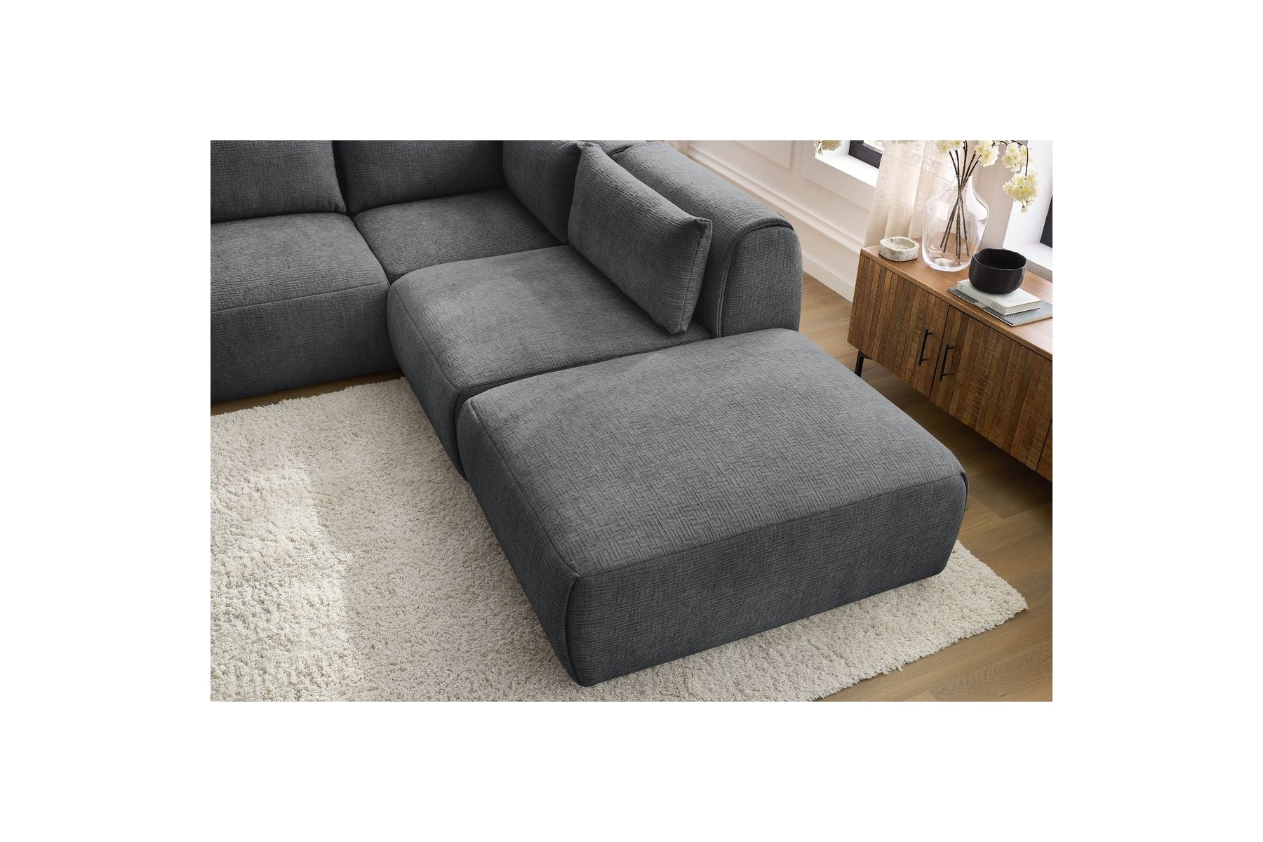 Jeanne - Canapé D'Angle Fixe Modulable - Tissu Texturé Avec 2 Chauffeuses, 1 Angle Et 2 Poufs
