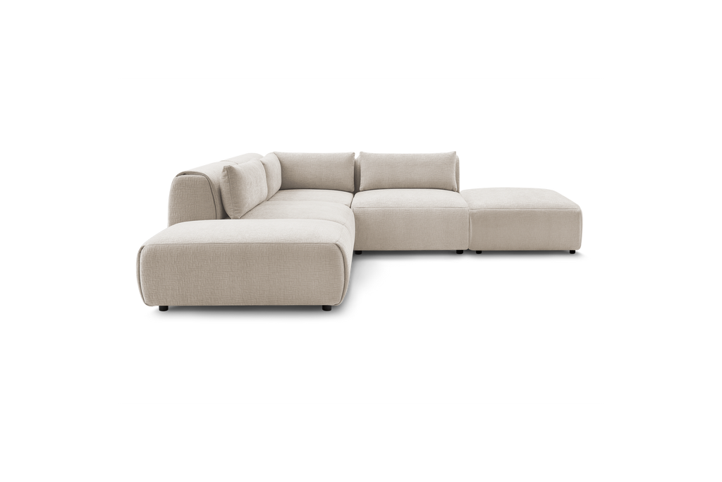 Jeanne - Canapé D'Angle Fixe Modulable - Tissu Texturé Avec 2 Chauffeuses, 1 Angle Et 2 Poufs