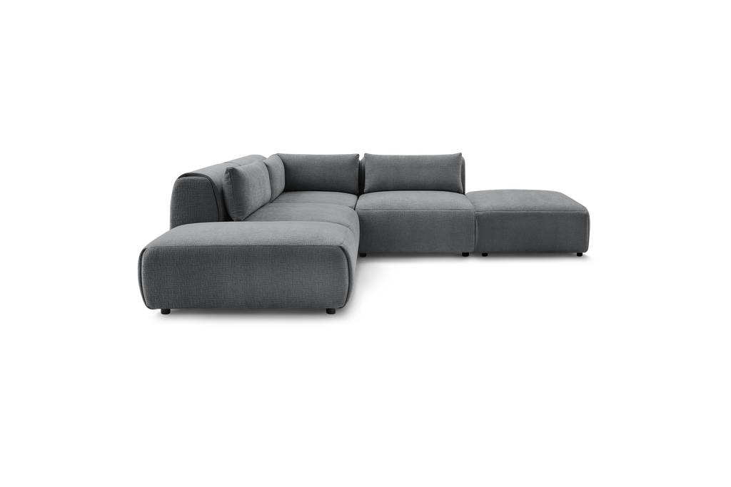 Jeanne - Canapé D'Angle Fixe Modulable - Tissu Texturé Avec 2 Chauffeuses, 1 Angle Et 2 Poufs