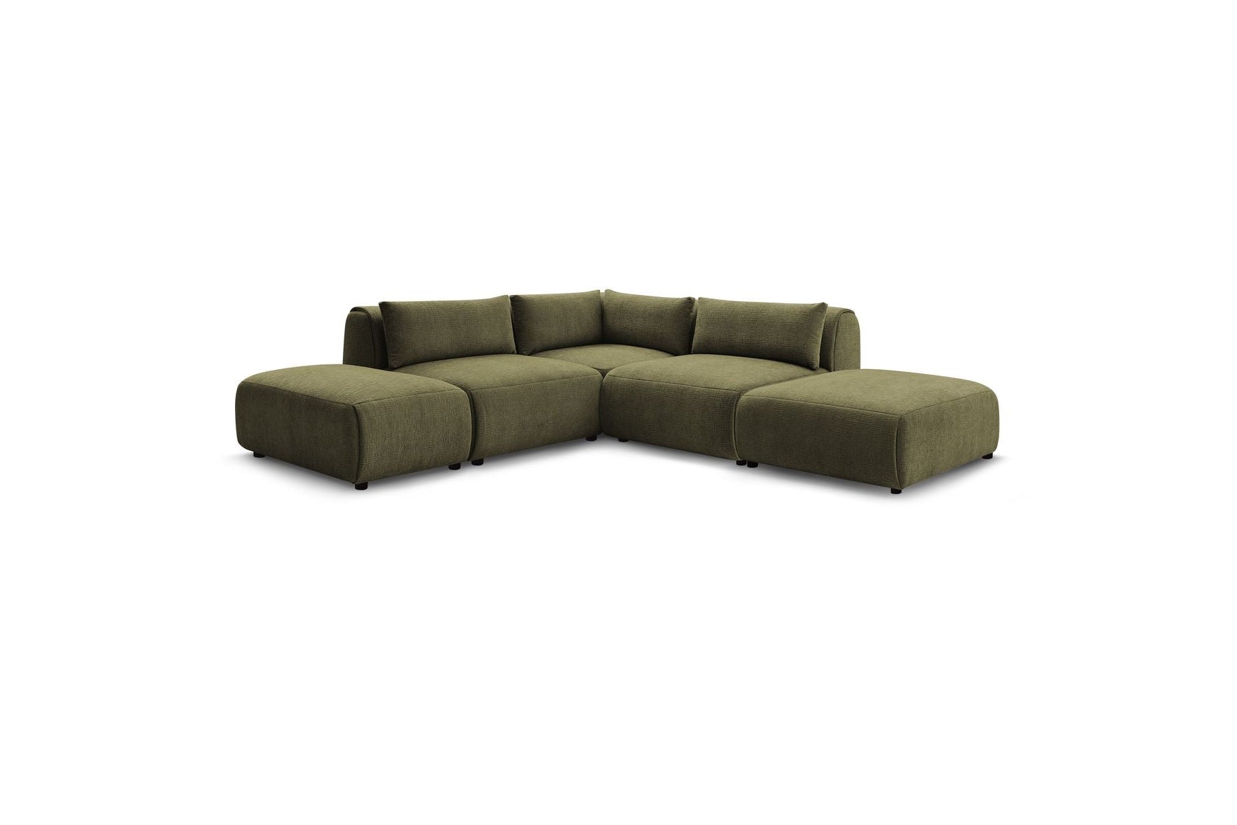 Jeanne - Canapé D'Angle Fixe Modulable - Tissu Texturé Avec 2 Chauffeuses, 1 Angle Et 2 Poufs