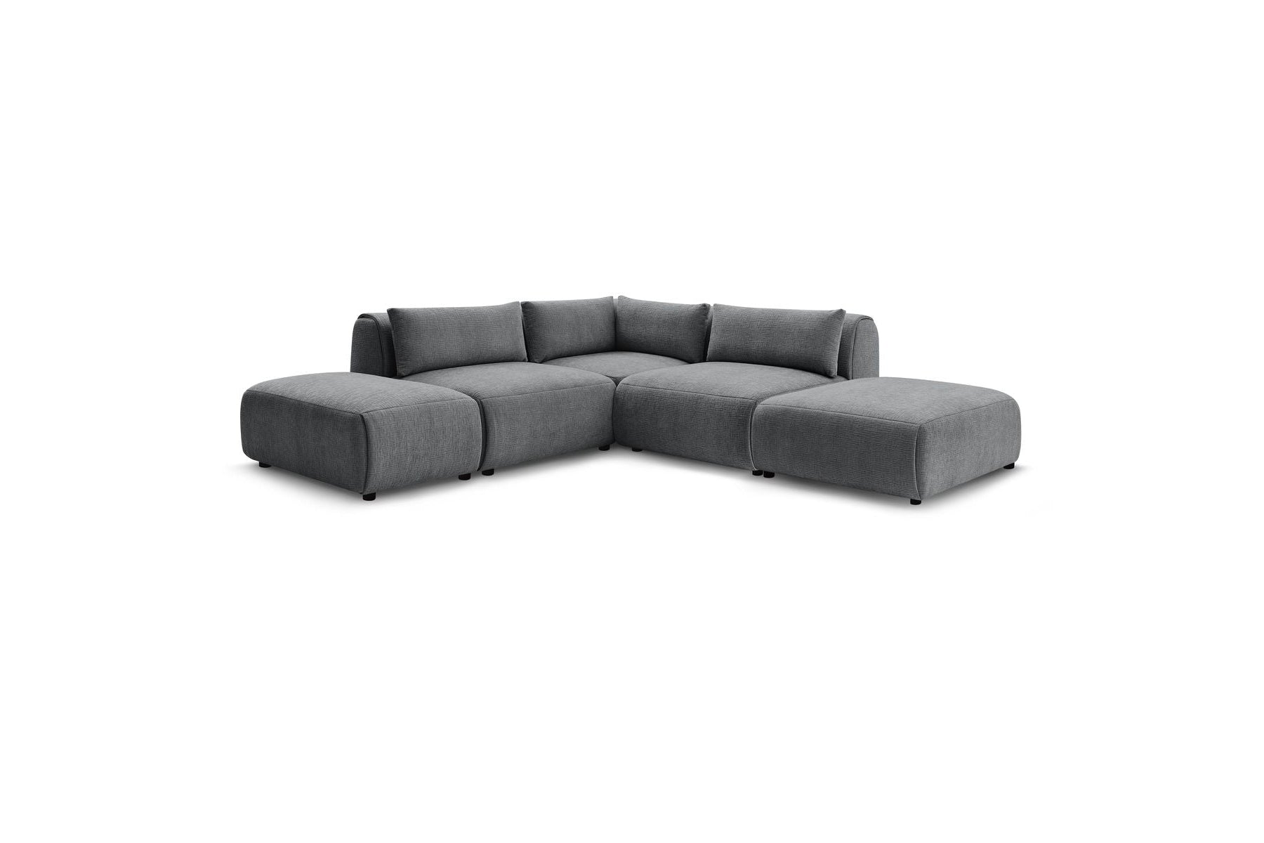 Jeanne - Canapé D'Angle Fixe Modulable - Tissu Texturé Avec 2 Chauffeuses, 1 Angle Et 2 Poufs