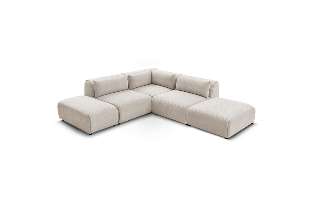 Jeanne - Canapé D'Angle Fixe Modulable - Tissu Texturé Avec 2 Chauffeuses, 1 Angle Et 2 Poufs