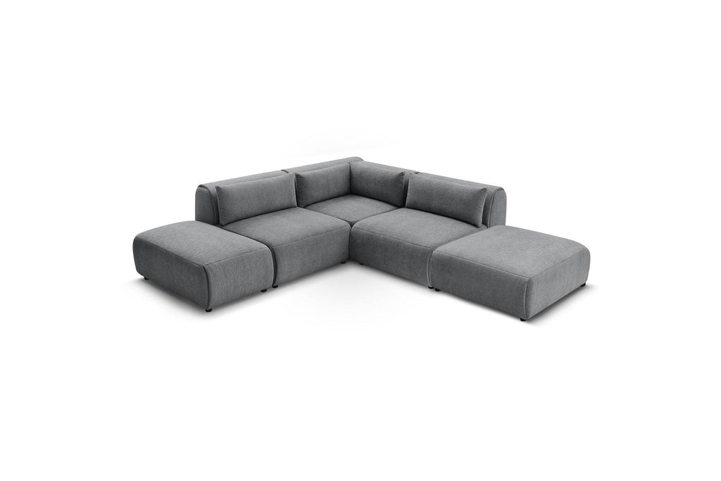 Jeanne - Canapé D'Angle Fixe Modulable - Tissu Texturé Avec 2 Chauffeuses, 1 Angle Et 2 Poufs