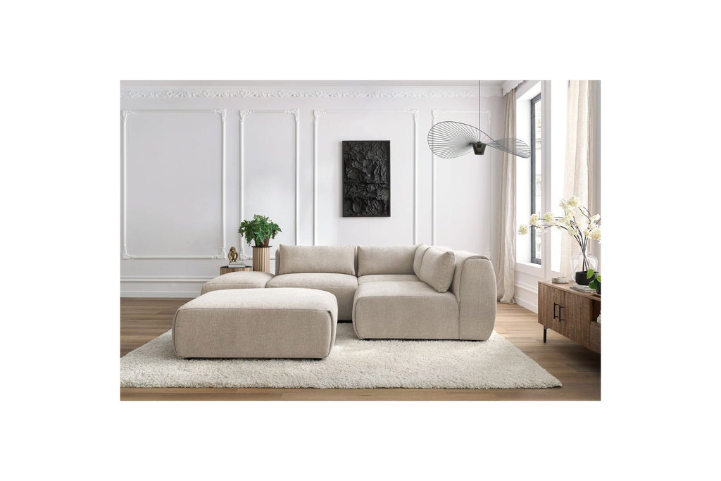 Jeanne - Canapé D'Angle Fixe Modulable - Tissu Texturé Avec 2 Chauffeuses, 1 Angle Et 2 Poufs