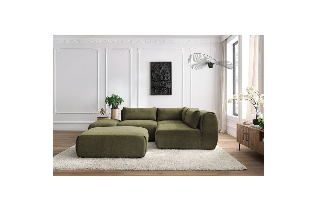 Jeanne - Canapé D'Angle Fixe Modulable - Tissu Texturé Avec 2 Chauffeuses, 1 Angle Et 2 Poufs
