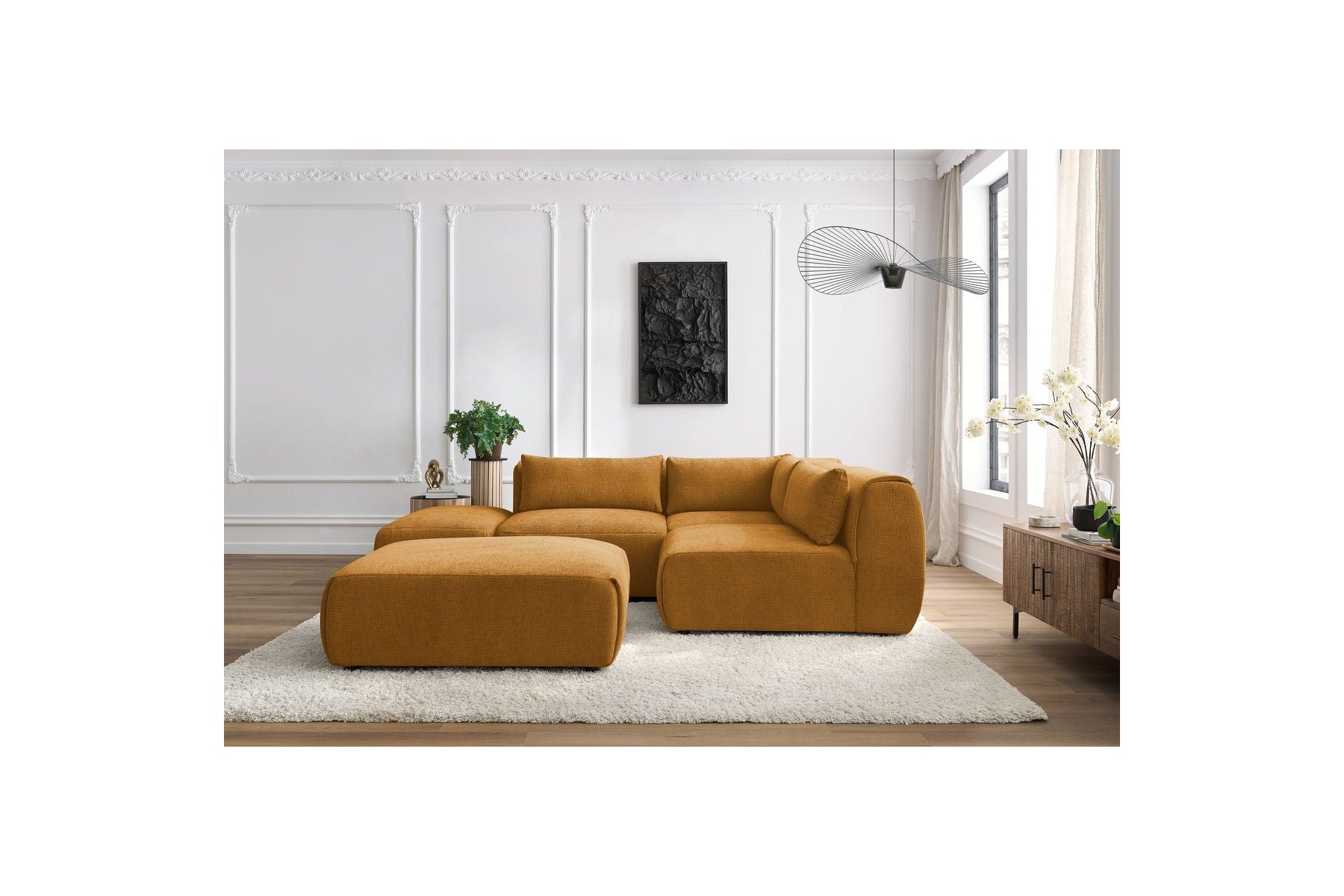 Jeanne - Canapé D'Angle Fixe Modulable - Tissu Texturé Avec 2 Chauffeuses, 1 Angle Et 2 Poufs