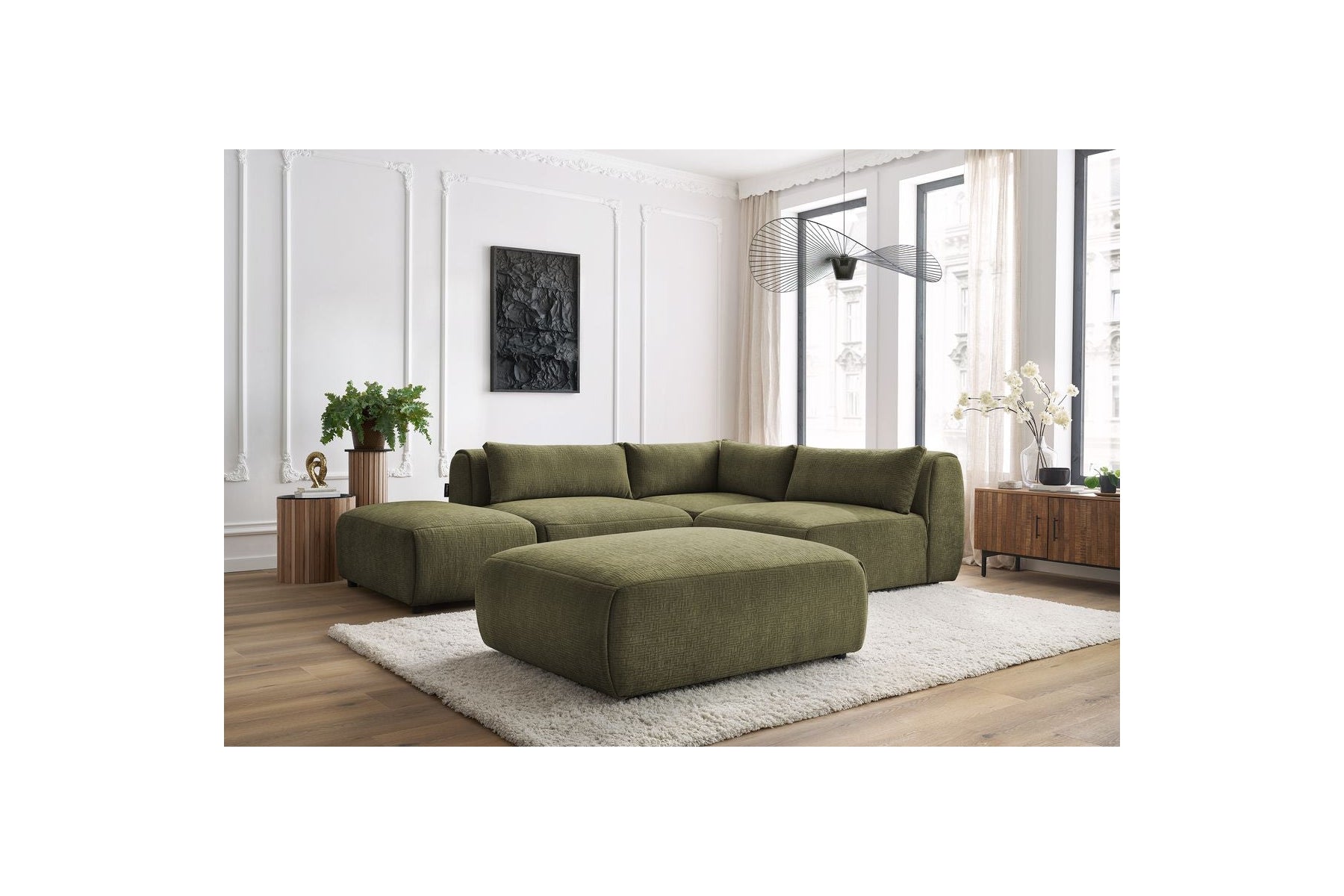 Jeanne - Canapé D'Angle Fixe Modulable - Tissu Texturé Avec 2 Chauffeuses, 1 Angle Et 2 Poufs