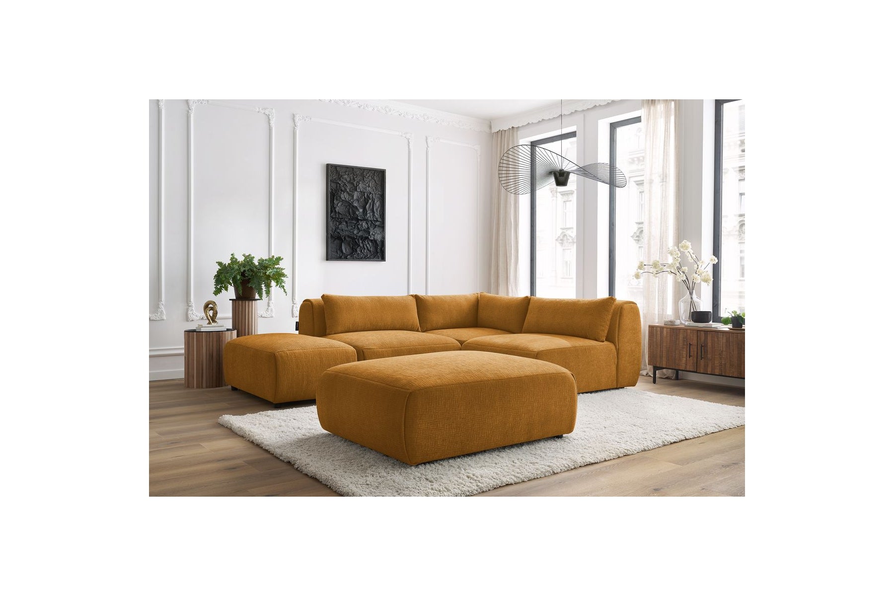 Jeanne - Canapé D'Angle Fixe Modulable - Tissu Texturé Avec 2 Chauffeuses, 1 Angle Et 2 Poufs