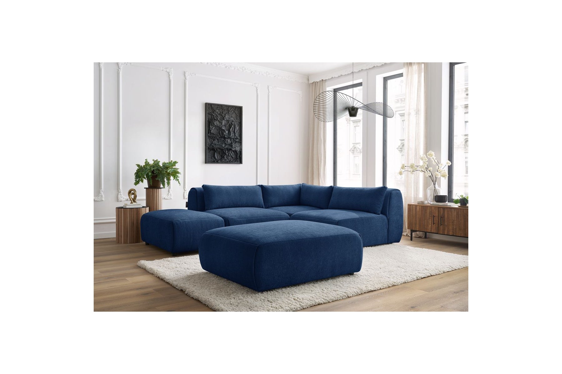 Jeanne - Canapé D'Angle Fixe Modulable - Tissu Texturé Avec 2 Chauffeuses, 1 Angle Et 2 Poufs