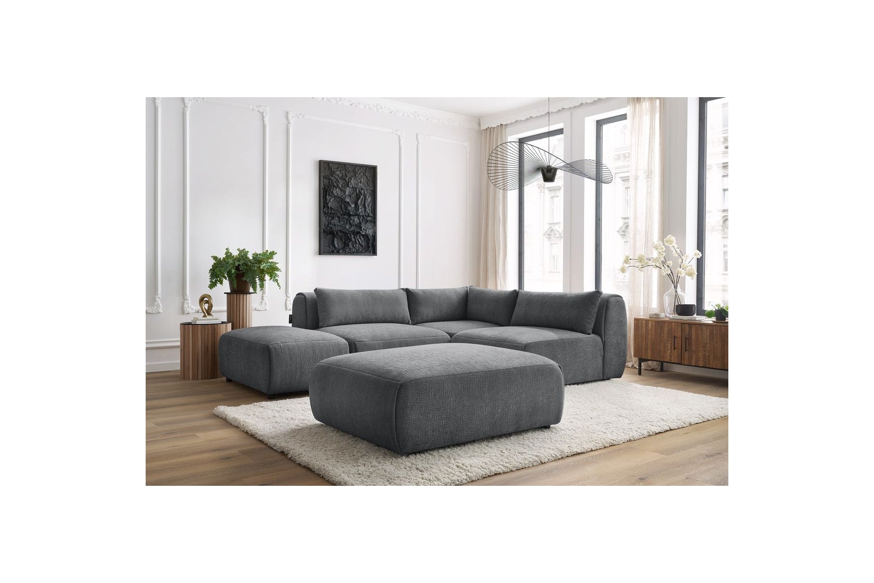 Jeanne - Canapé D'Angle Fixe Modulable - Tissu Texturé Avec 2 Chauffeuses, 1 Angle Et 2 Poufs