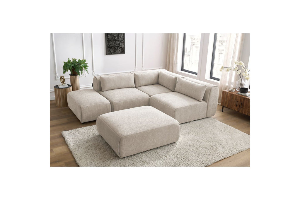 Jeanne - Canapé D'Angle Fixe Modulable - Tissu Texturé Avec 2 Chauffeuses, 1 Angle Et 2 Poufs