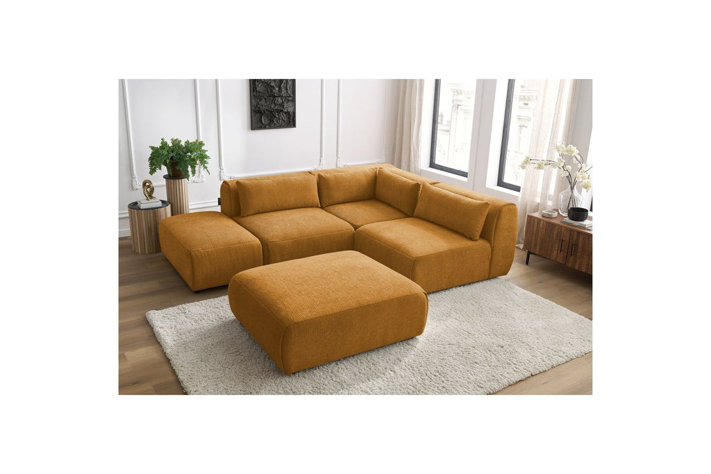 Jeanne - Canapé D'Angle Fixe Modulable - Tissu Texturé Avec 2 Chauffeuses, 1 Angle Et 2 Poufs