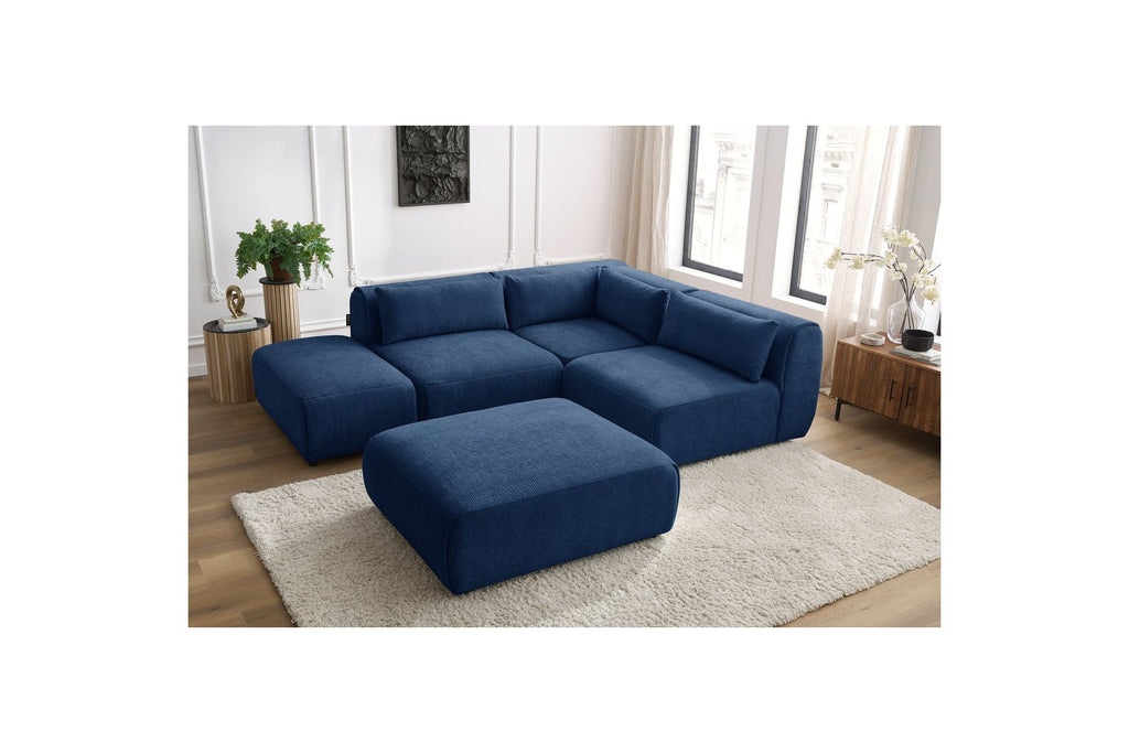 Jeanne - Canapé D'Angle Fixe Modulable - Tissu Texturé Avec 2 Chauffeuses, 1 Angle Et 2 Poufs