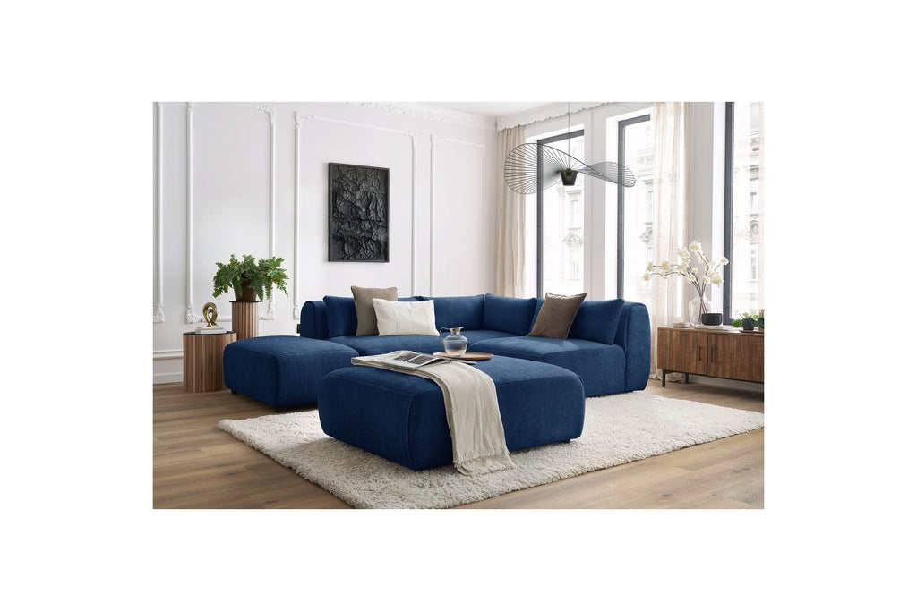 Jeanne - Canapé D'Angle Fixe Modulable - Tissu Texturé Avec 2 Chauffeuses, 1 Angle Et 2 Poufs