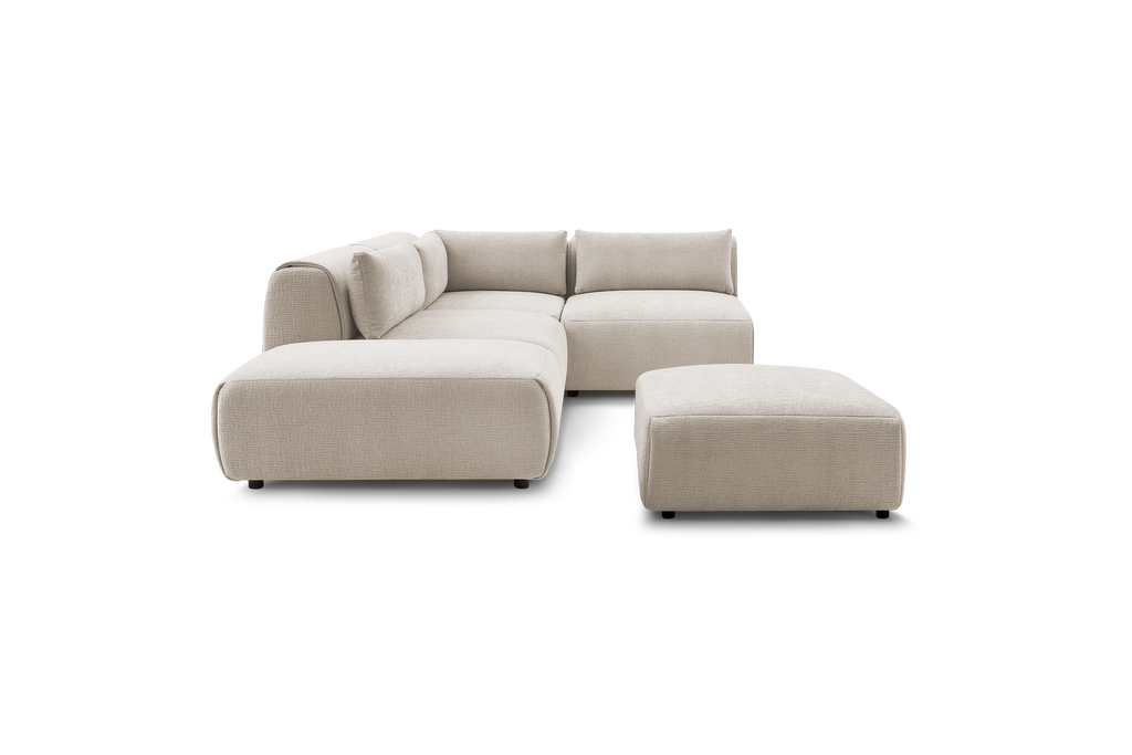 Jeanne - Canapé D'Angle Fixe Modulable - Tissu Texturé Avec 2 Chauffeuses, 1 Angle Et 2 Poufs