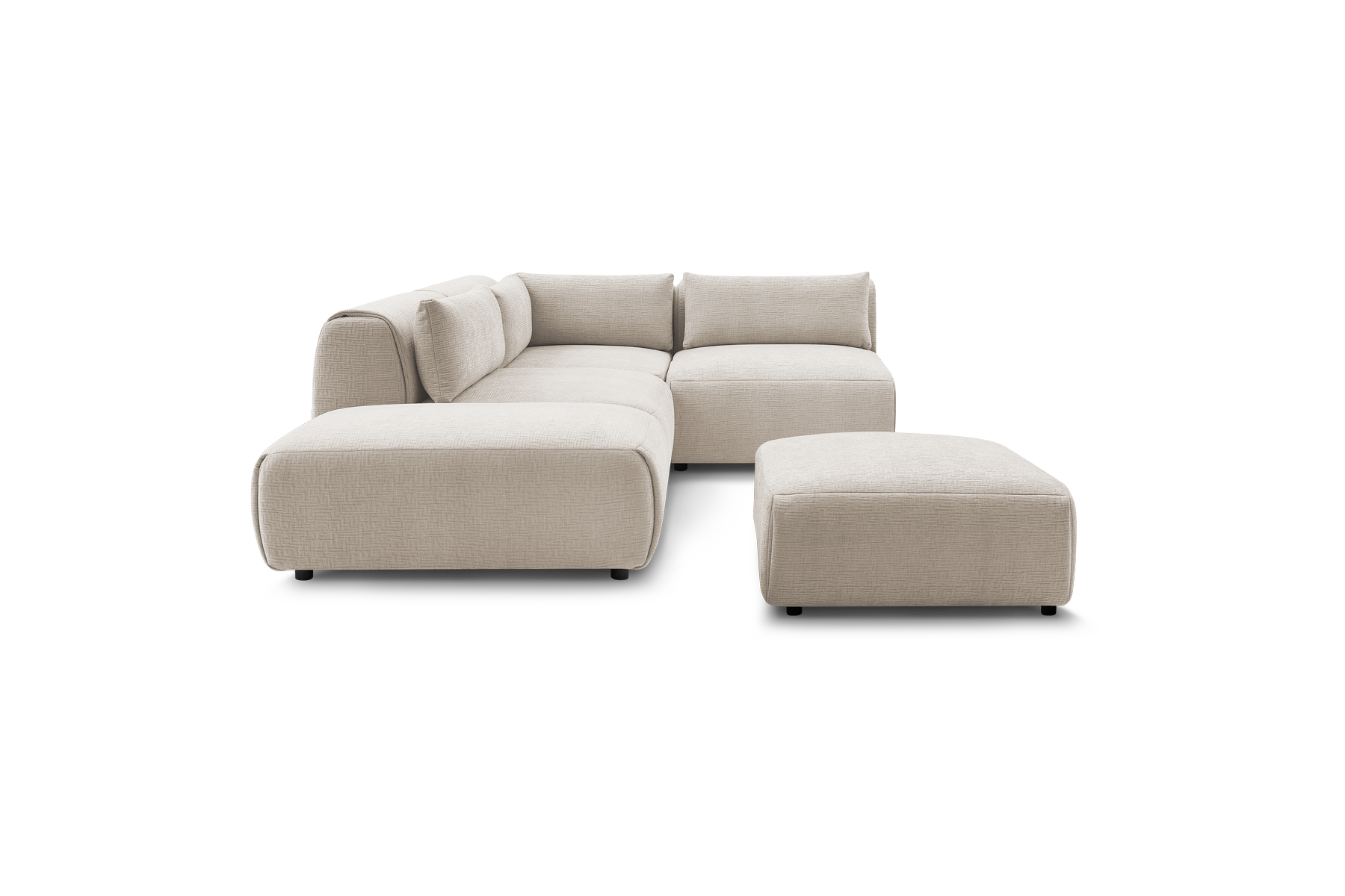 Jeanne - Canapé D'Angle Fixe Modulable - Tissu Texturé Avec 2 Chauffeuses, 1 Angle Et 2 Poufs